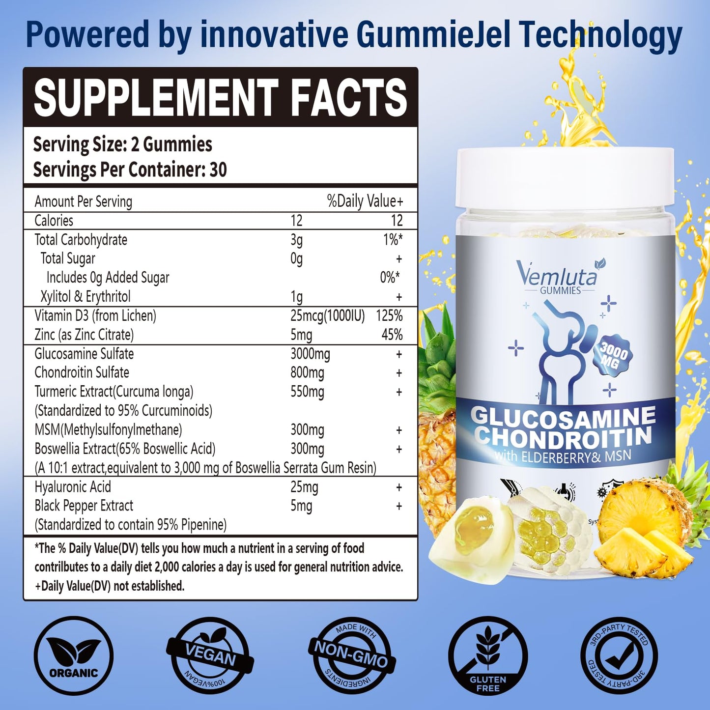 Vemluta 2 Packs Glucosamine Chondroitin Gummies – 3000mg Joint Support (120 Ct)