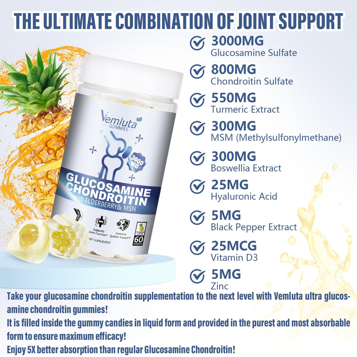 Vemluta 2 Packs Glucosamine Chondroitin Gummies – 3000mg Joint Support (120 Ct)