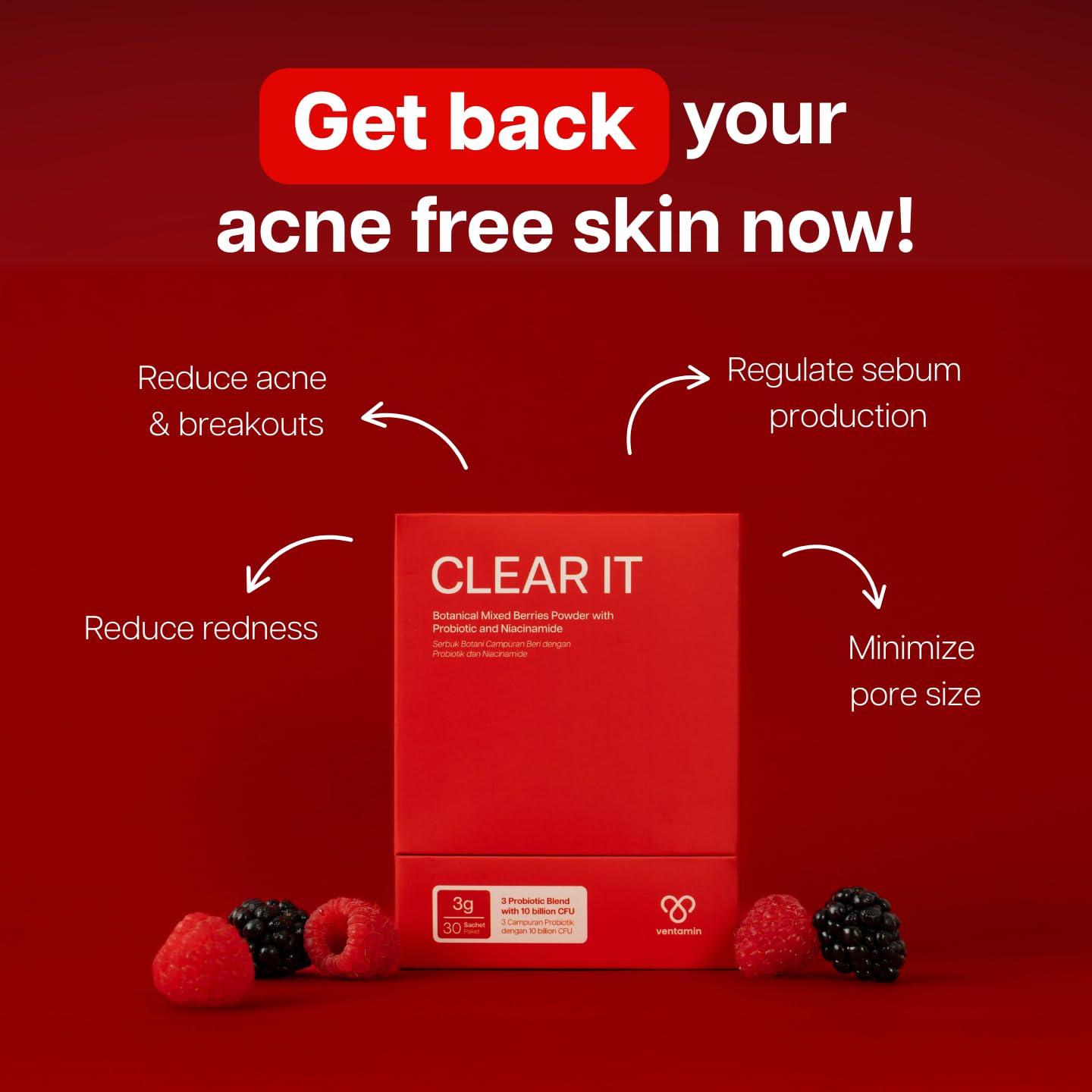 Ventamin Clear It Acne Supplement – Skin Detox with Probiotics, Zinc, Magnesium + 20 Actives (30 Sachets per Box)