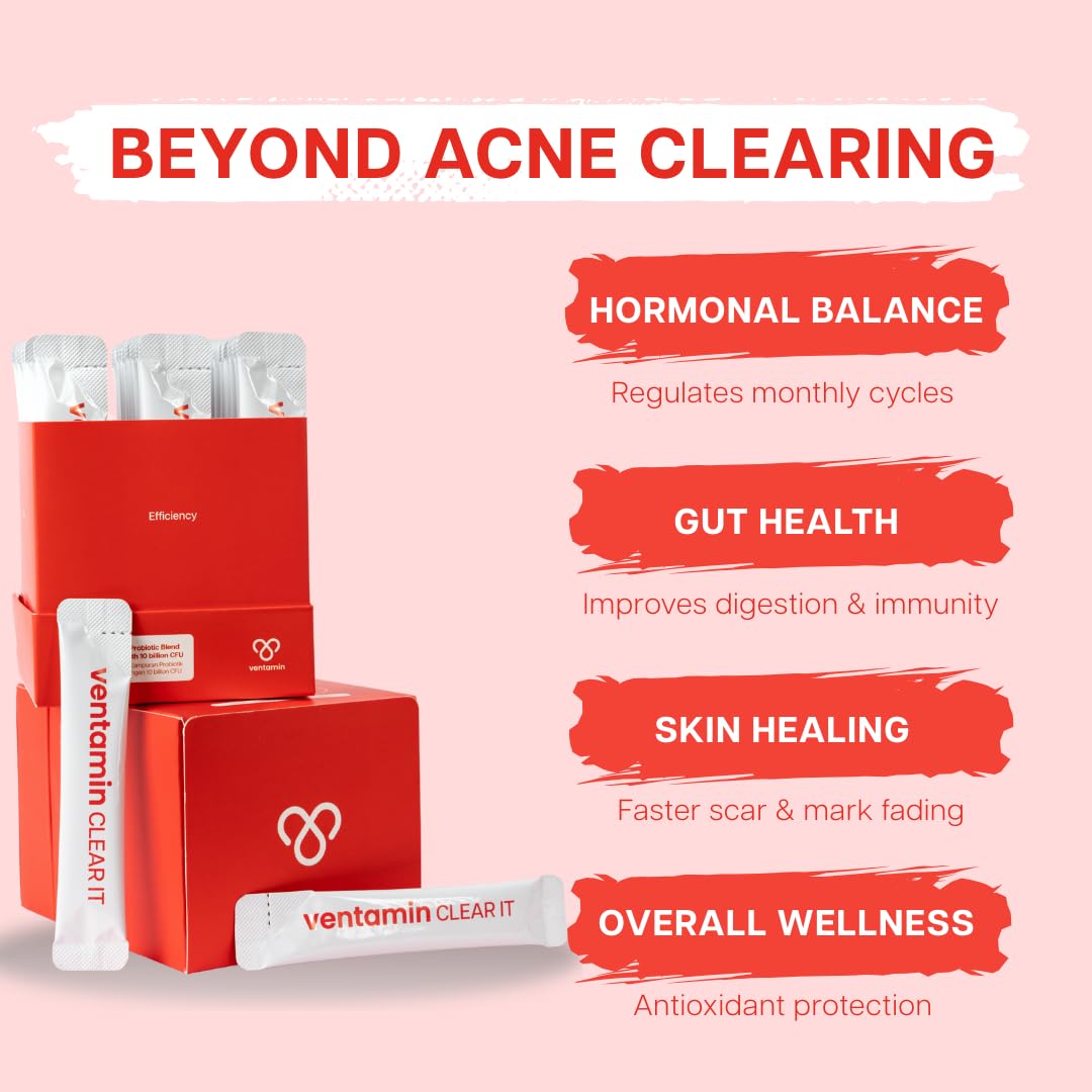 Ventamin Clear It Acne Supplement – Skin Detox with Probiotics, Zinc, Magnesium + 20 Actives (30 Sachets per Box)