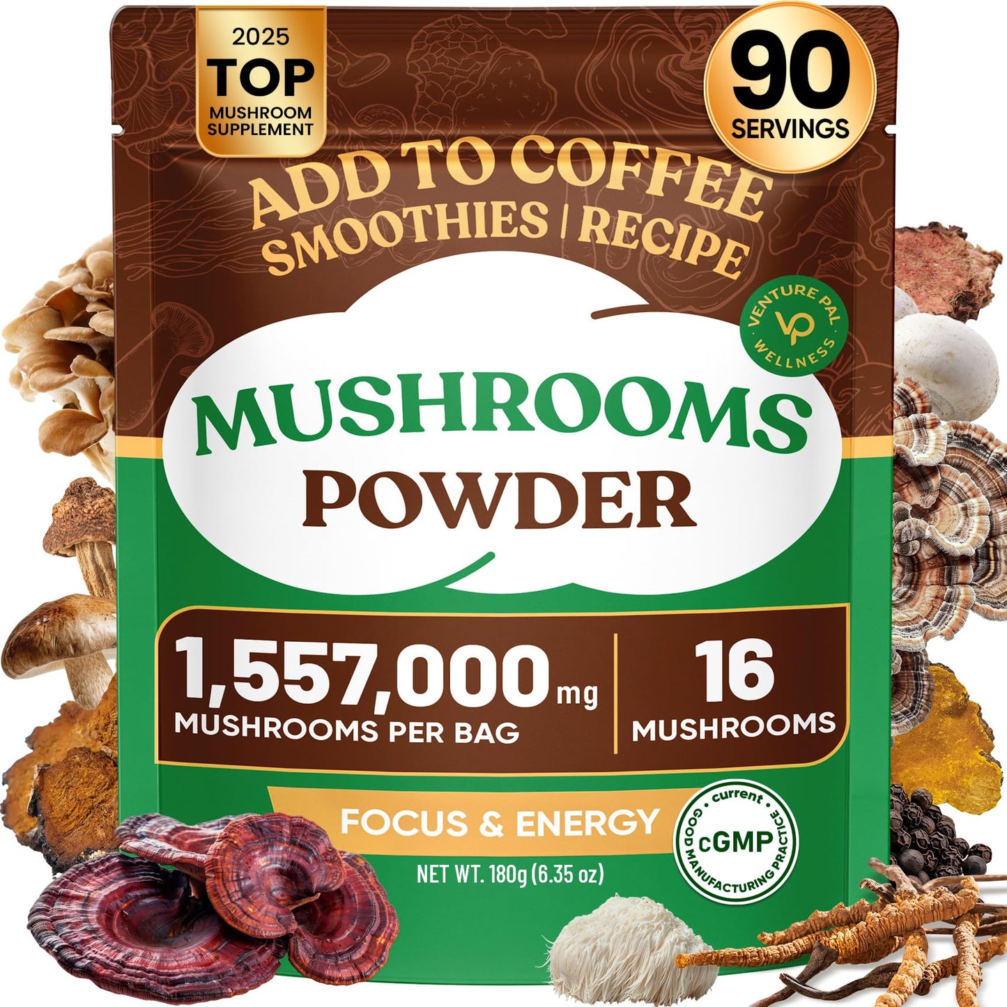 Venture Pal 16 in 1 Mushroom Powder – 90 Servings, 10:1 Extract, 100% Fruiting Bodies