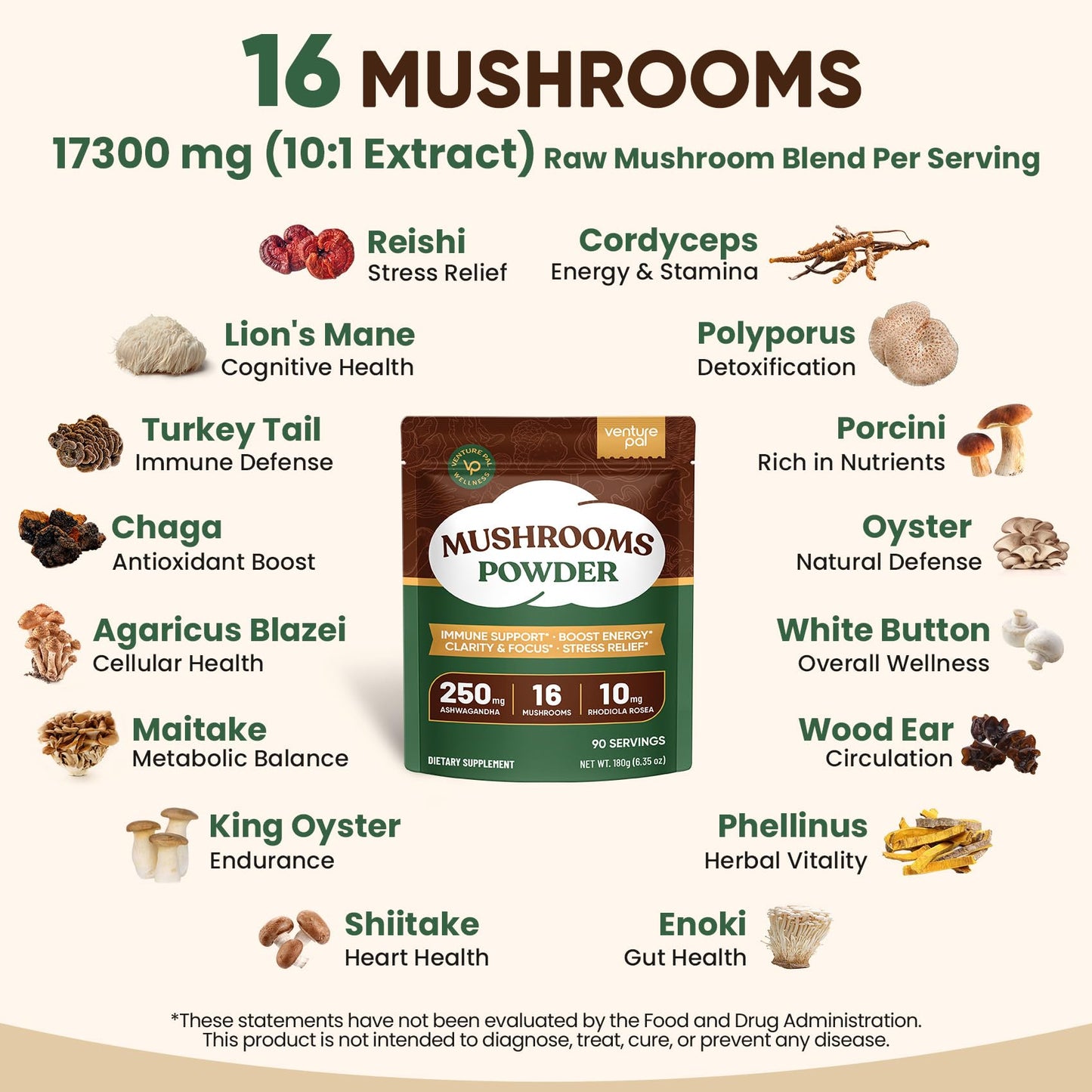 Venture Pal 16 in 1 Mushroom Powder – 90 Servings, 10:1 Extract, 100% Fruiting Bodies