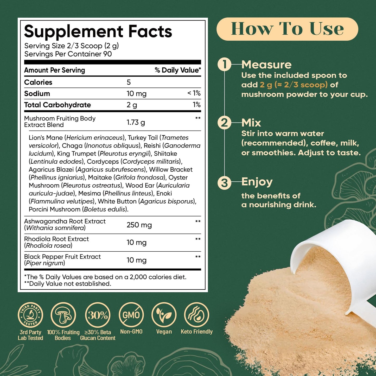 Venture Pal 16 in 1 Mushroom Powder – 90 Servings, 10:1 Extract, 100% Fruiting Bodies
