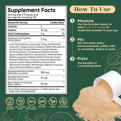 Venture Pal 16 in 1 Mushroom Powder – 90 Servings, 10:1 Extract, 100% Fruiting Bodies