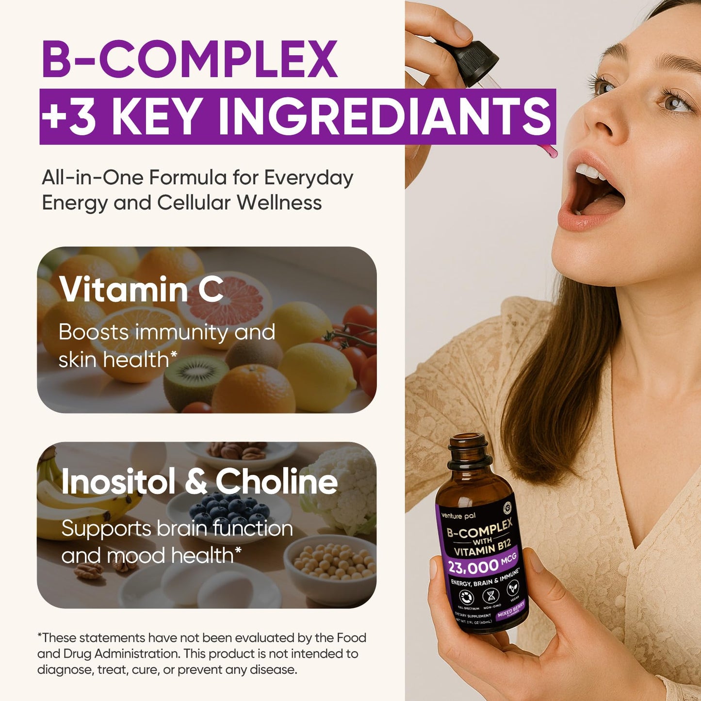 Venture Pal Vitamin B Complex Liquid Drops – B12 Methylcobalamin + B9 Folate, Immune & Energy Support