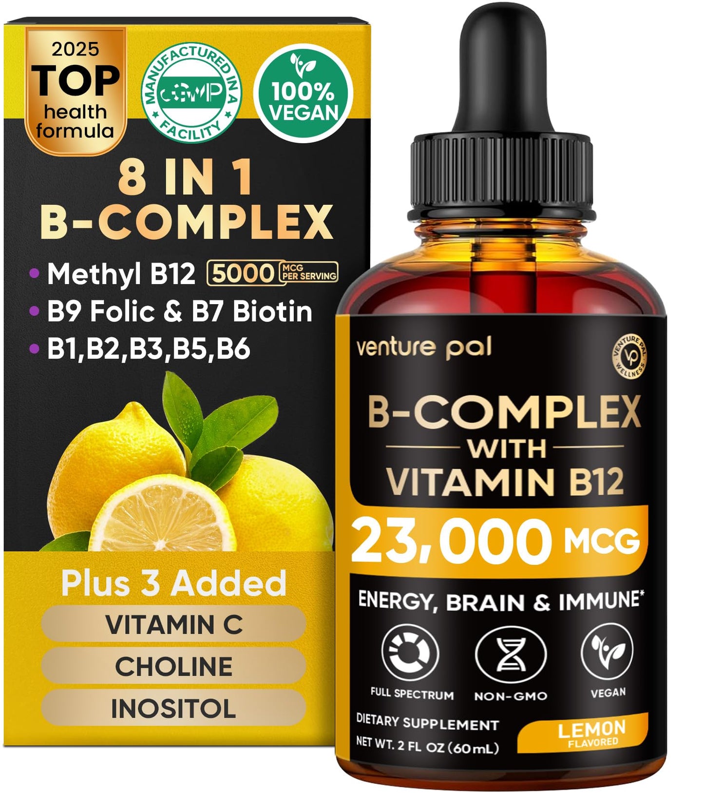 Venture Pal Vitamin B Complex Liquid Drops – B12 Methylcobalamin, B9 Folate, B1-B7 | Immune & Energy Metabolism