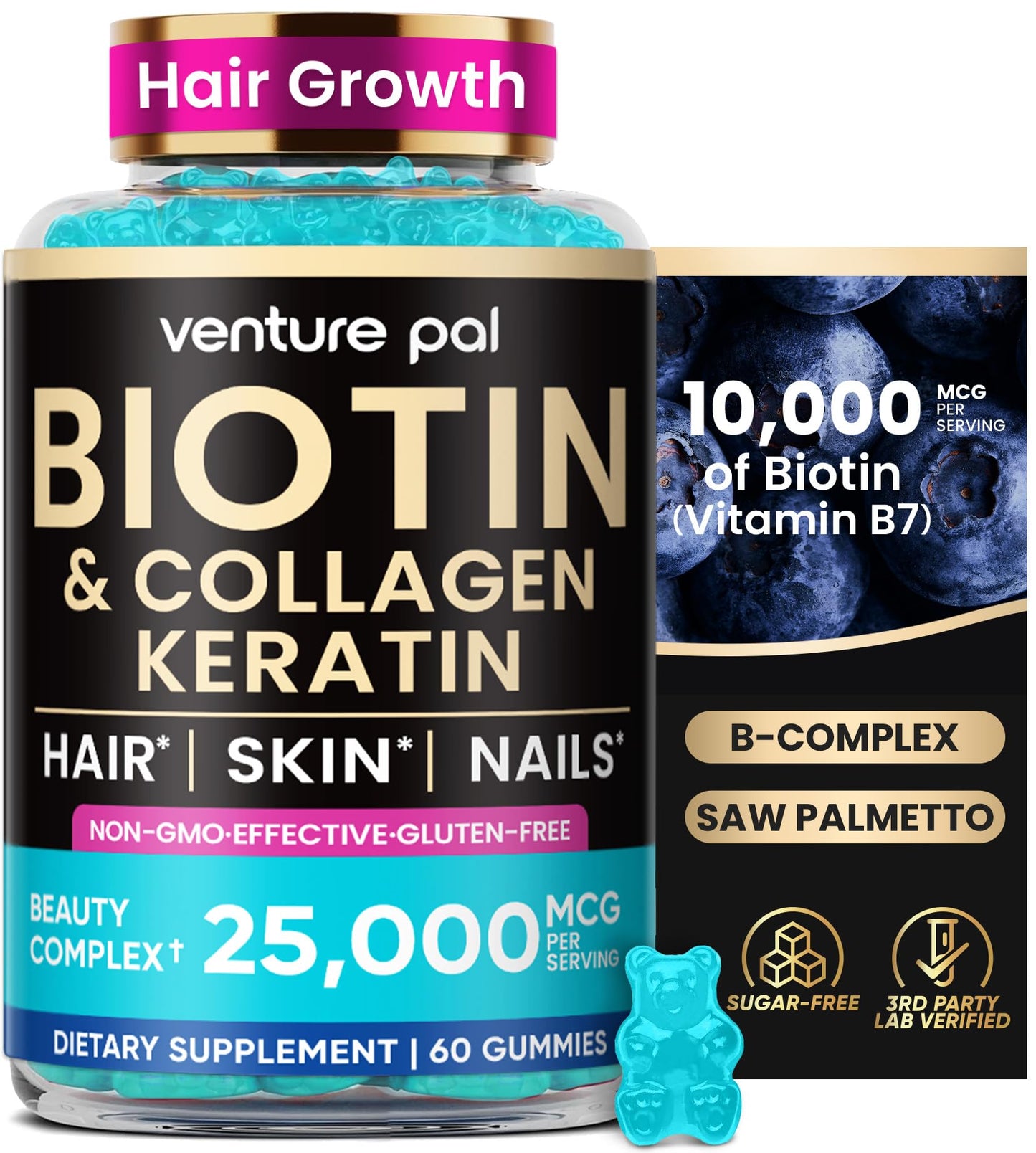 Venture Pal Biotin Gummies with Collagen & Keratin – 10,000 mcg Biotin, Hair, Skin & Nails Support, Sugar Free, Non-GMO, 60ct