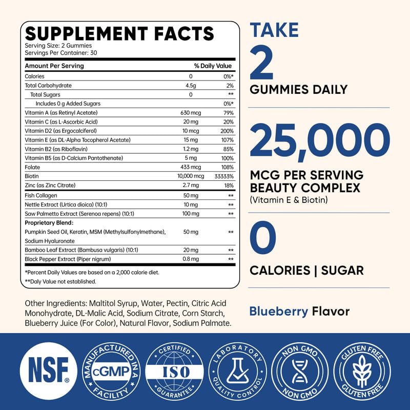 Venture Pal Biotin Gummies with Collagen & Keratin – 10,000 mcg Biotin, Hair, Skin & Nails Support, Sugar Free, Non-GMO, 60ct