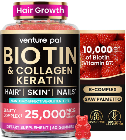 Venture Pal Biotin Gummies with Collagen & Keratin – Hair, Skin & Nails Vitamins (60ct)