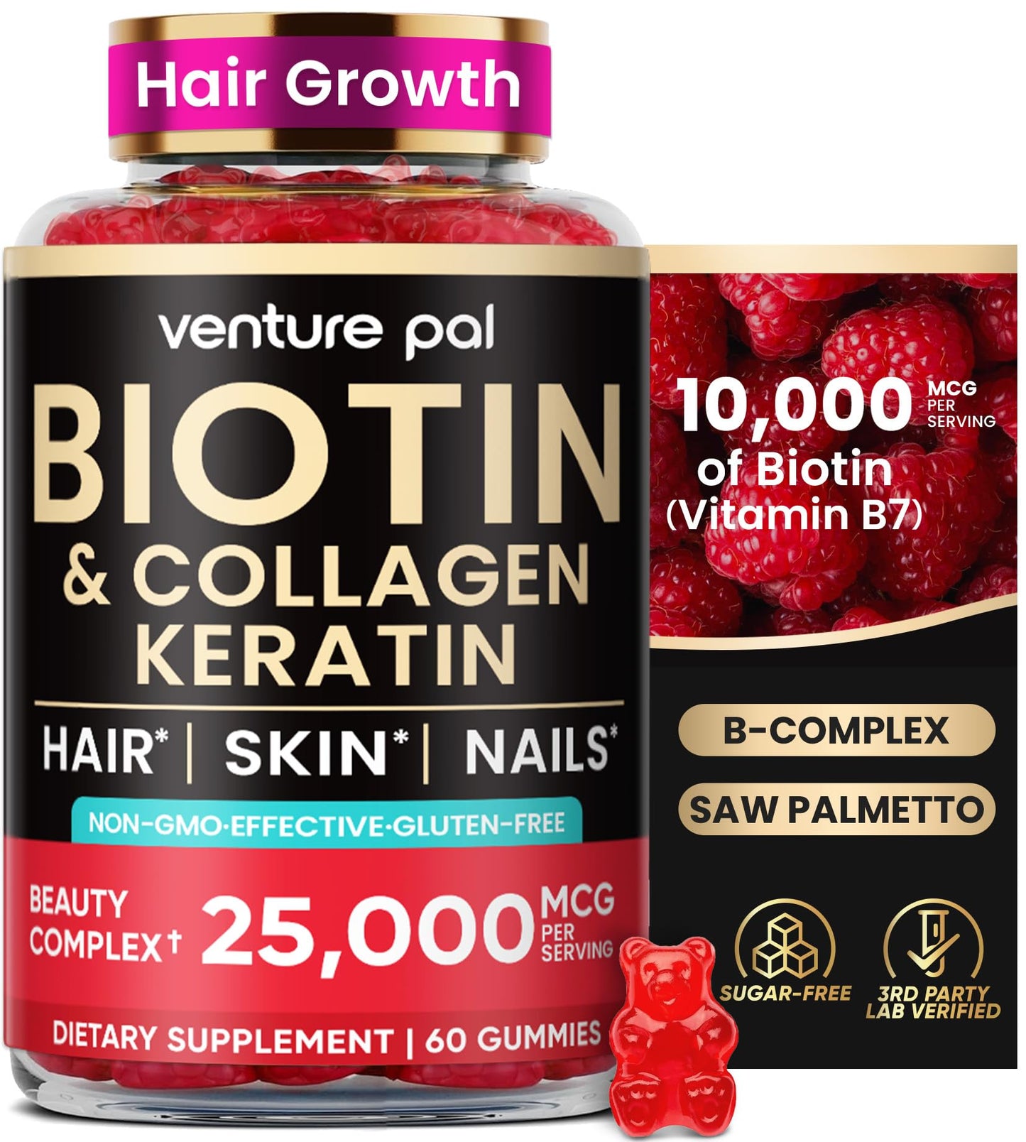 Venture Pal Biotin Gummies with Collagen & Keratin – Hair & Skin Support (60ct)