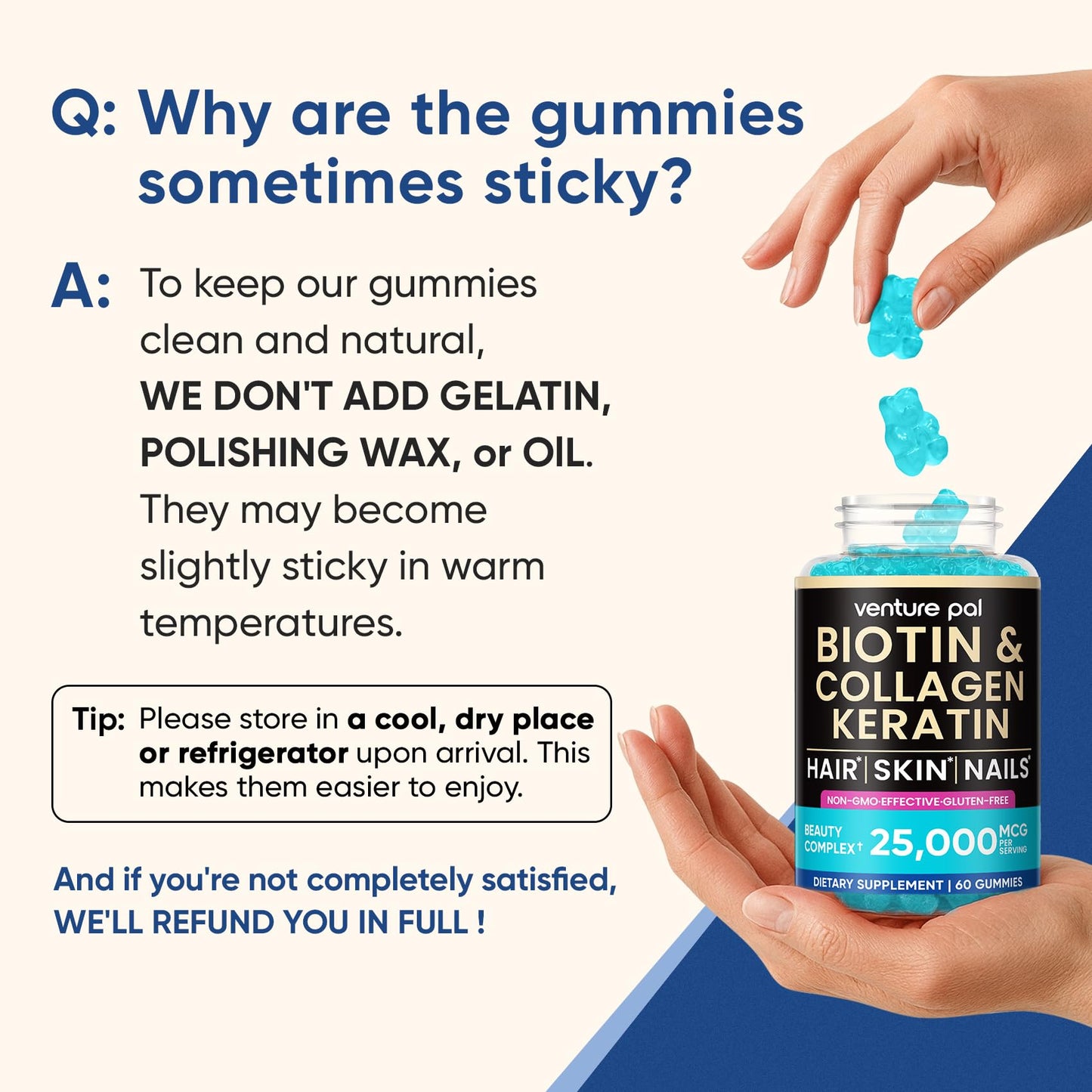 Venture Pal Biotin Gummies with Collagen & Keratin – 10,000 mcg Biotin, Hair, Skin & Nails Support, Sugar Free, Non-GMO, 60ct