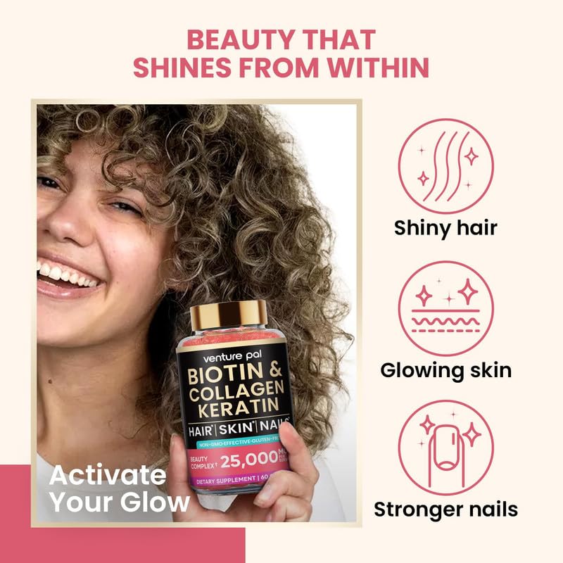 Venture Pal Biotin Gummies with Collagen & Keratin – Hair, Skin & Nails Vitamins (60ct)