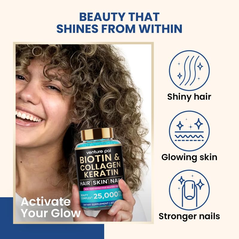 Venture Pal Biotin Gummies with Collagen & Keratin – 10,000 mcg Biotin, Hair, Skin & Nails Support, Sugar Free, Non-GMO, 60ct