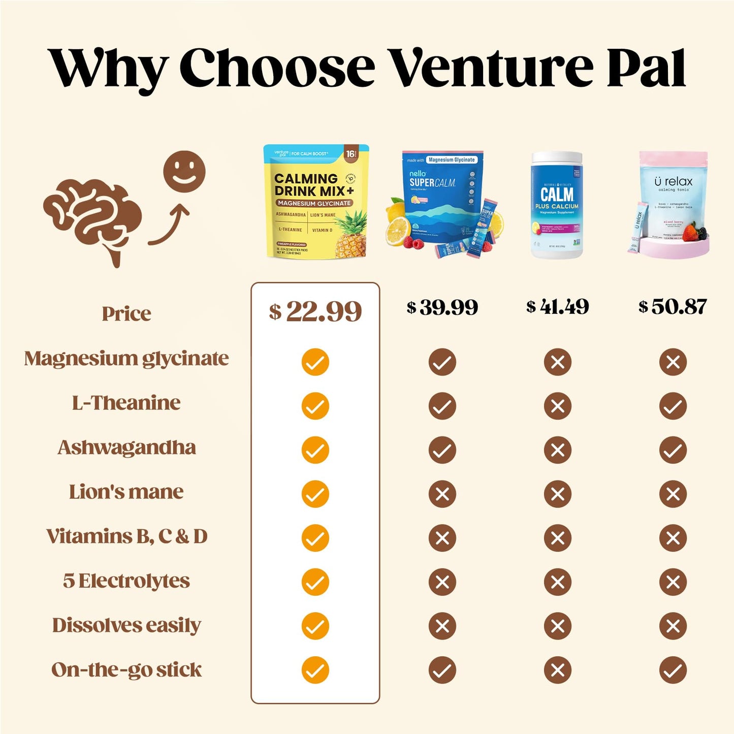 Venture Pal Calming Magnesium Glycinate Drink Mix with L-Theanine, Ashwagandha, Lion's Mane – Sugar Free & Vegan