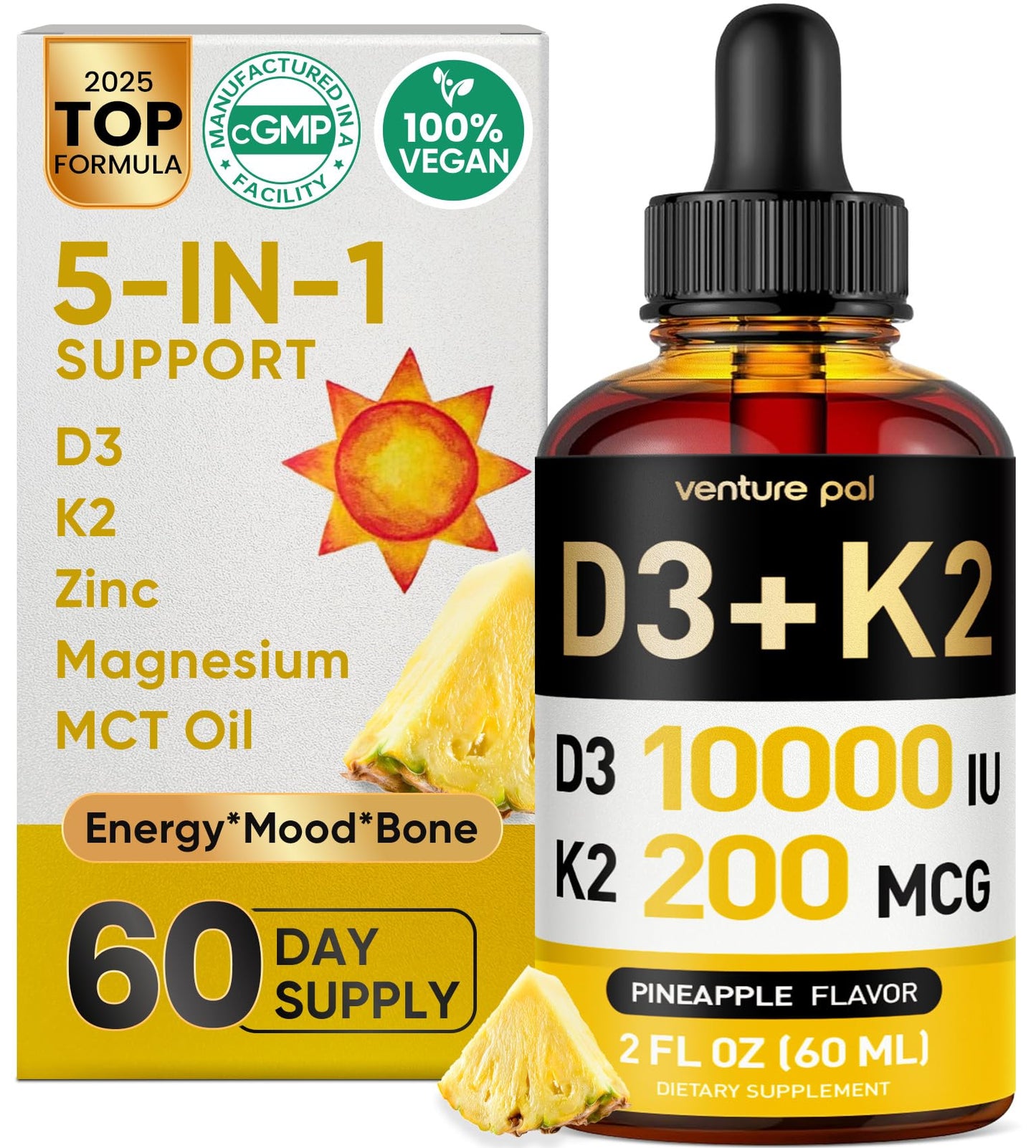 Venture Pal 5-in-1 Vitamin D3 10000 IU & K2 as MK-7 200mcg with Magnesium, MCT Oil, Zinc, Sugar-Free Vitamin D Liquid |Maximum Absorption for Bone, Mood & Immune Health - 2 FL OZ, 60 Days