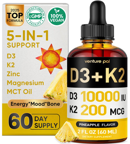 Venture Pal 5-in-1 Vitamin D3 10000 IU & K2 as MK-7 200mcg with Magnesium, MCT Oil, Zinc, Sugar-Free Vitamin D Liquid |Maximum Absorption for Bone, Mood & Immune Health - 2 FL OZ, 60 Days