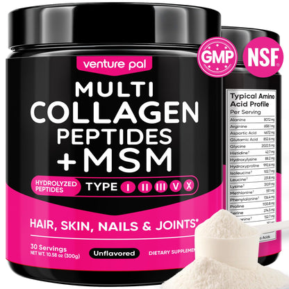 Venture Pal Multi Collagen Powder Type I–X | MSM, Hyaluronic Acid, Vitamin C | Joint, Hair, Skin & Nails Support | Non-GMO