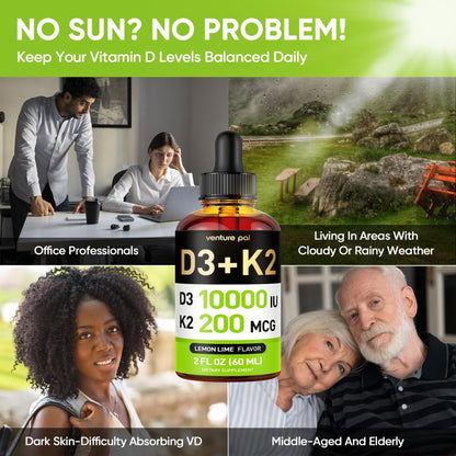 Venture Pal 5-in-1 Vitamin D3 10,000 IU & K2 MK-7 200 mcg | Magnesium, MCT Oil, Zinc | Sugar-Free Vitamin D Liquid (2 fl oz, 60 days) | Maximum Absorption