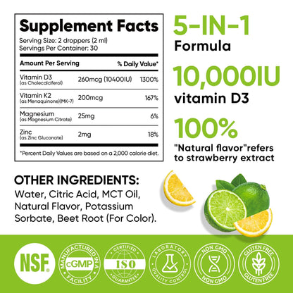 Venture Pal 5-in-1 Vitamin D3 10,000 IU & K2 MK-7 200 mcg | Magnesium, MCT Oil, Zinc | Sugar-Free Vitamin D Liquid (2 fl oz, 60 days) | Maximum Absorption