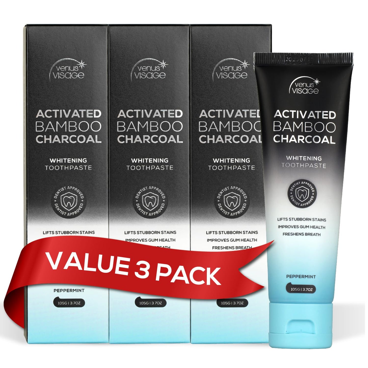 Venus Visage Activated Charcoal Toothpaste – 3 Pack (Peppermint)