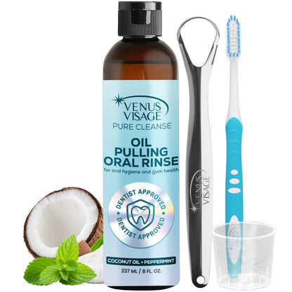 Venus Visage Coconut Oil Pulling Oil with Tongue Scraper – 8 oz, Alcohol-Free