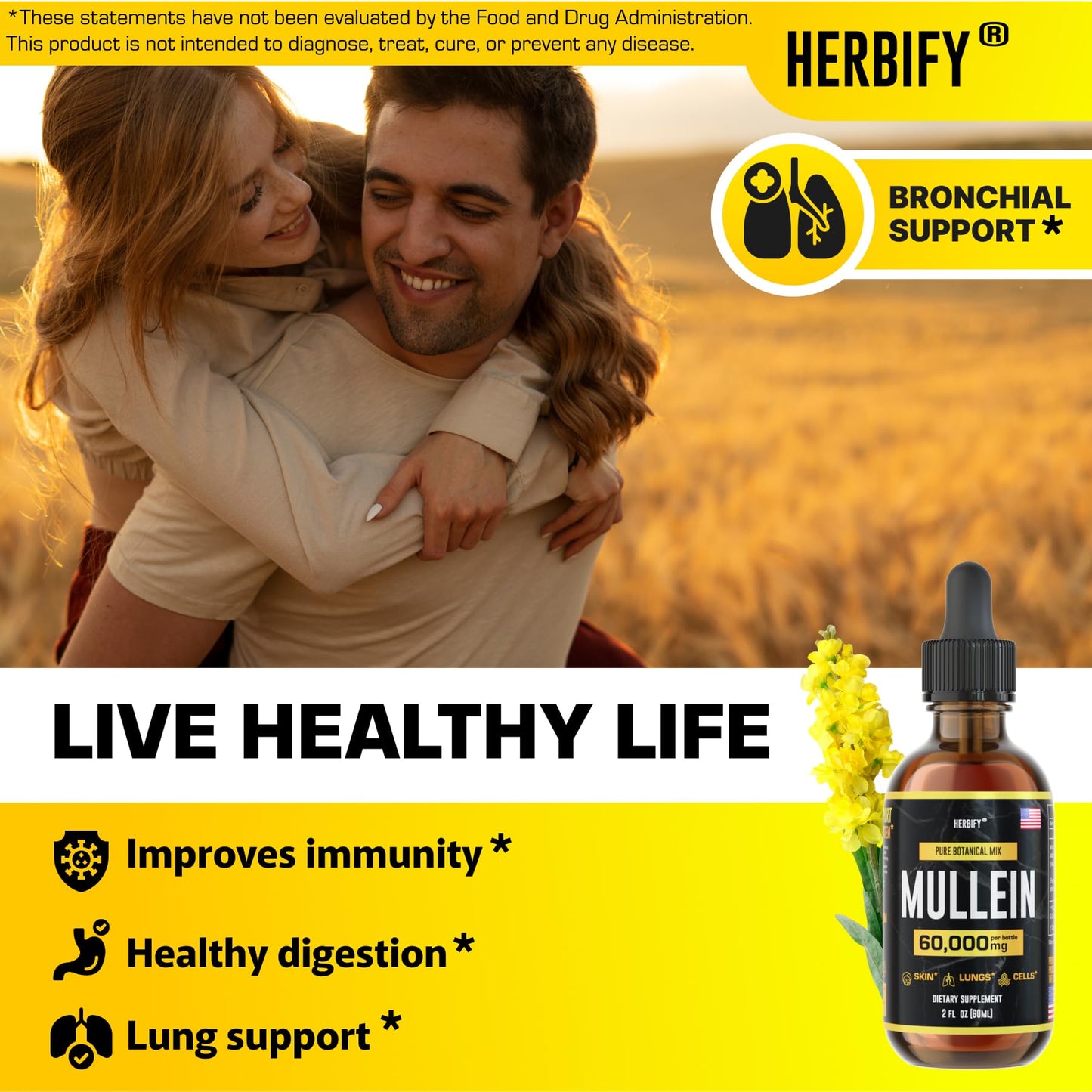 HERBIFY Mullein Extract 2 oz Tincture for Respiratory Health – Mullein Leaf & Flowers Blend