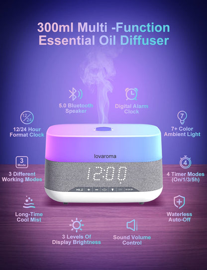 Versatile 300ml Essential Oil Diffuser with Bluetooth Speaker & Alarm Clock