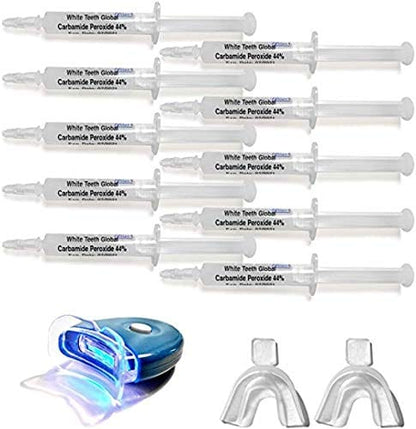 Very Strong 44% WTG Carbamide Peroxide Teeth Whitening Gel – 10 Syringes (3cc) + LED Light Kit, 2 Trays & Shade Guide