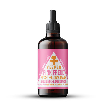 Vesper Pink Freud Mushroom Liquid Extract – Reishi & Lion’s Mane with Wild Huckleberries (4oz) – USA-Grown