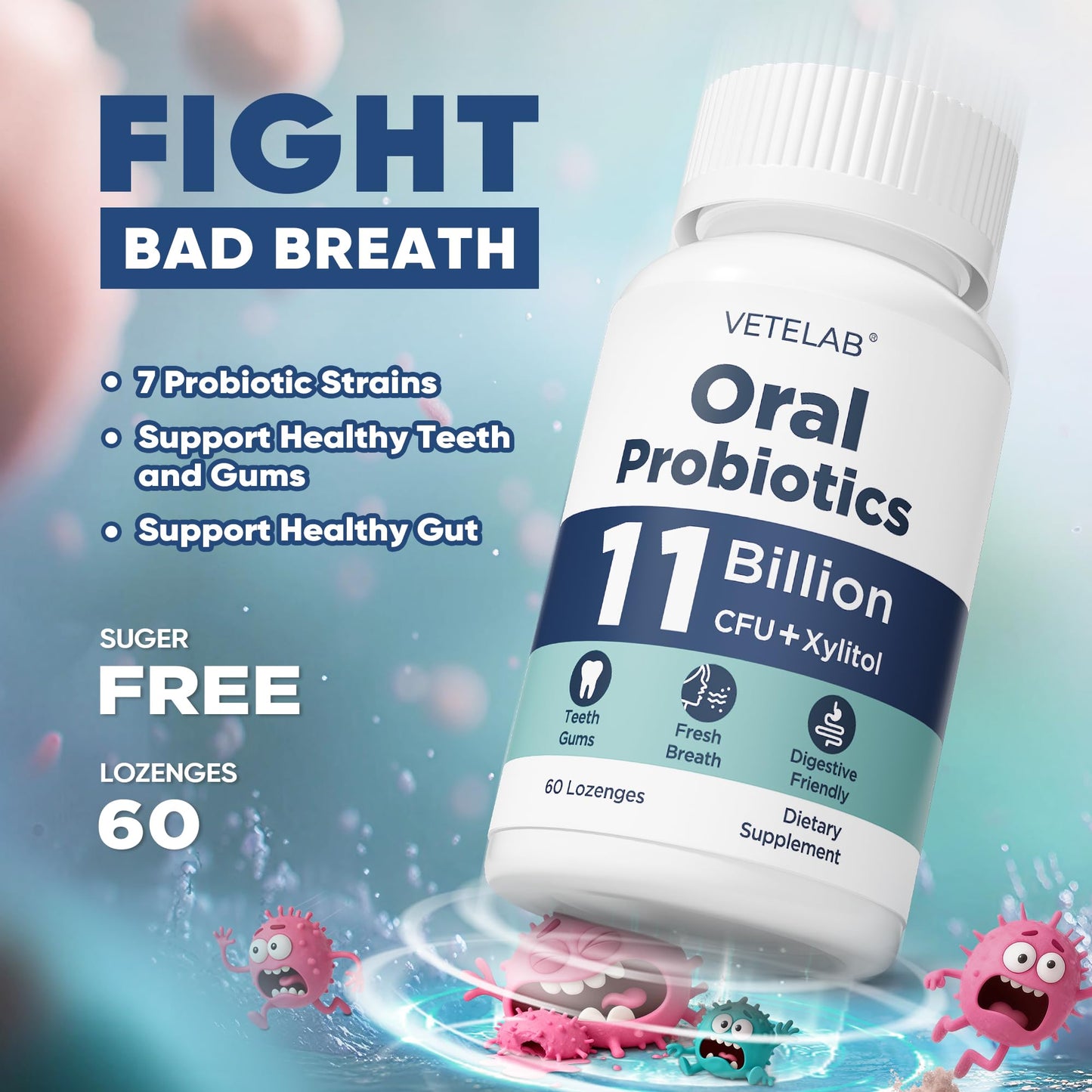 VeteLab Oral Probiotics – 11B CFU Chewables for Fresh Breath, 60 Lozenges