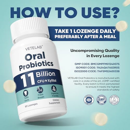 VeteLab Oral Probiotics – 11B CFU Chewables for Fresh Breath, 60 Lozenges