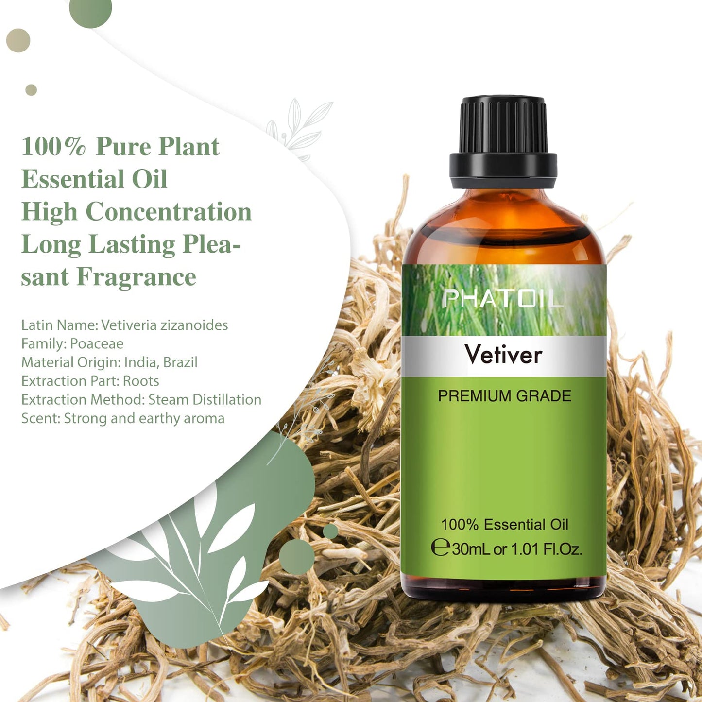 Vetiver Essential Oil 30ml | PHATOIL Pure Essential Oil Singles for Aromatherapy, Diffusers & DIY Crafts
