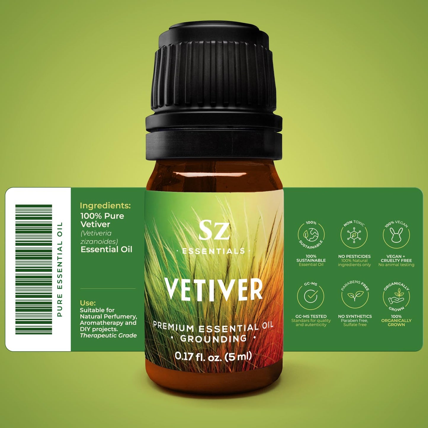 Sz Essentials Vetiver Essential Oil - 100% Pure & Undiluted (5 mL) | Therapeutic Grade