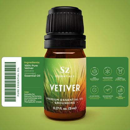 Sz Essentials Vetiver Essential Oil - 100% Pure & Undiluted (5 mL) | Therapeutic Grade