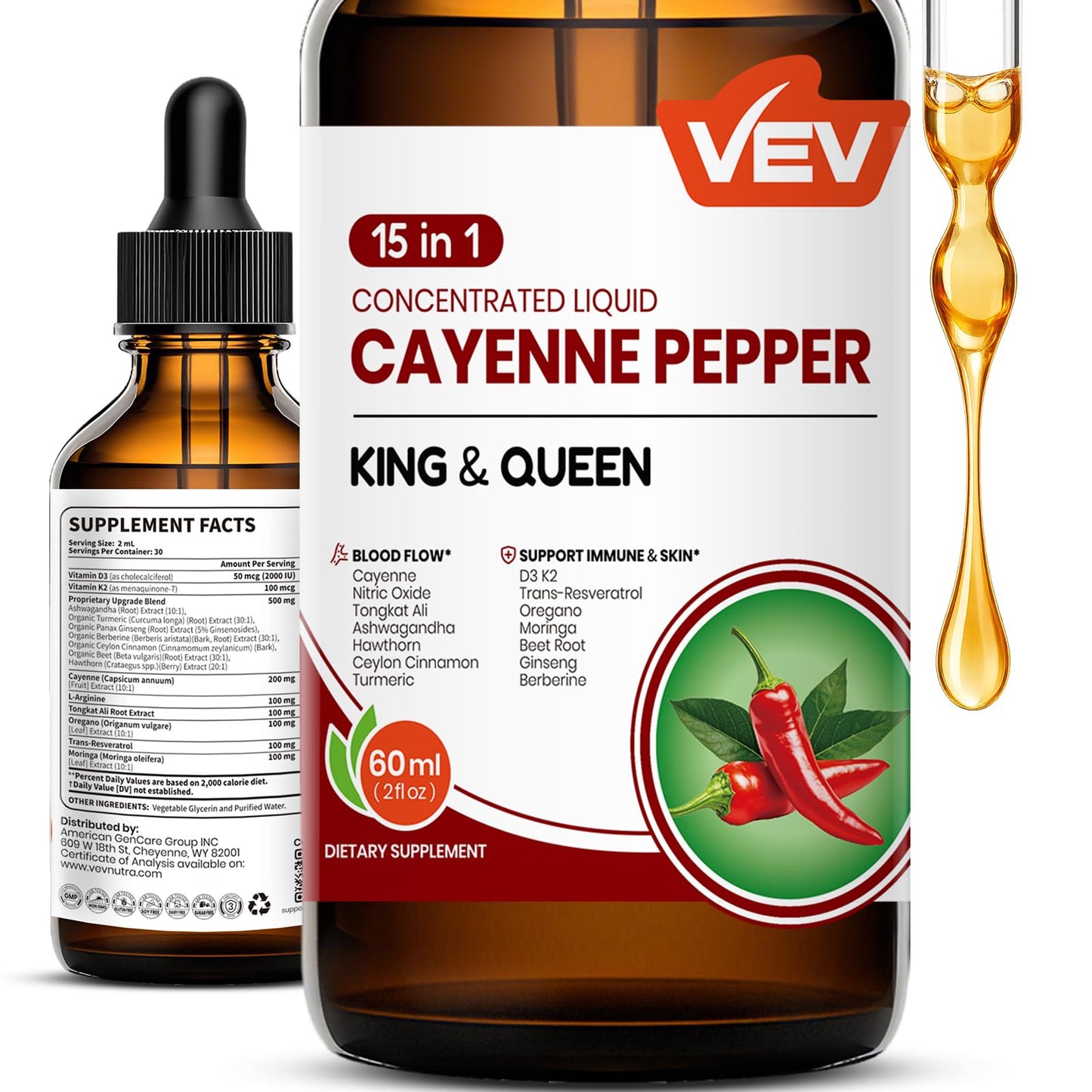 VEV 15-in-1 Cayenne Pepper Drops Supplement Liquid, with Vitamin D3 K2, L-Arginine, Resveratrol, Oregano, Moringa, Berberine, Hawthorn, Beet, Turmeric - Vegan, Non-GMO 2 fl oz