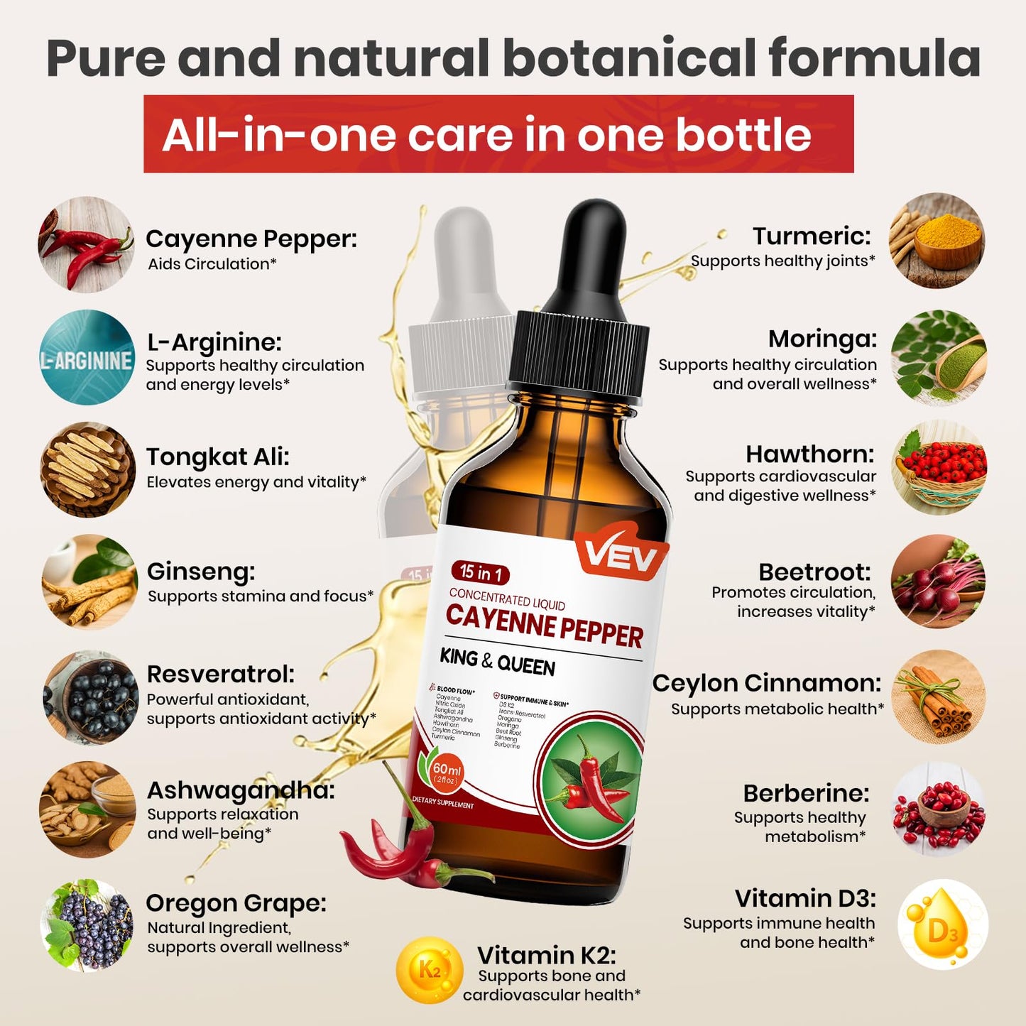 VEV 15-in-1 Cayenne Pepper Drops Supplement Liquid, with Vitamin D3 K2, L-Arginine, Resveratrol, Oregano, Moringa, Berberine, Hawthorn, Beet, Turmeric - Vegan, Non-GMO 2 fl oz