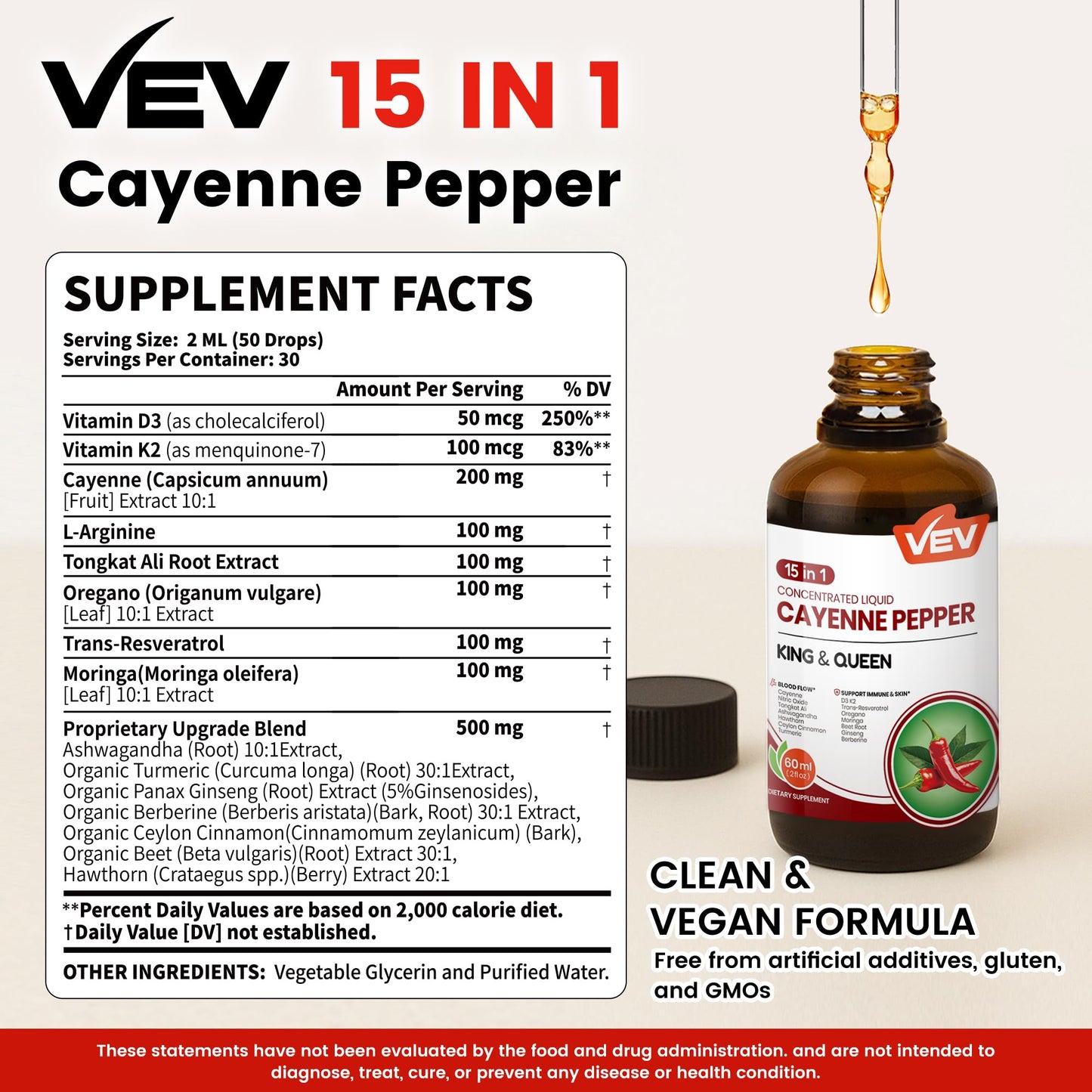 VEV 15-in-1 Cayenne Pepper Drops Supplement Liquid, with Vitamin D3 K2, L-Arginine, Resveratrol, Oregano, Moringa, Berberine, Hawthorn, Beet, Turmeric - Vegan, Non-GMO 2 fl oz