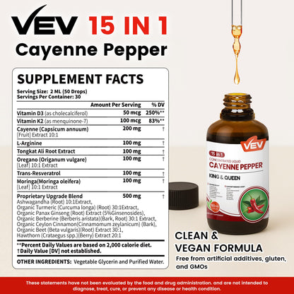 VEV 15-in-1 Cayenne Pepper Drops Supplement Liquid, with Vitamin D3 K2, L-Arginine, Resveratrol, Oregano, Moringa, Berberine, Hawthorn, Beet, Turmeric - Vegan, Non-GMO 2 fl oz