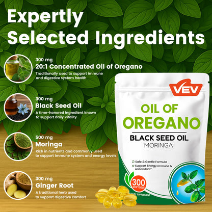 VEV 300mg Oil of Oregano with Black Seed Oil & Moringa – Organic Carvacrol-Rich Softgels
