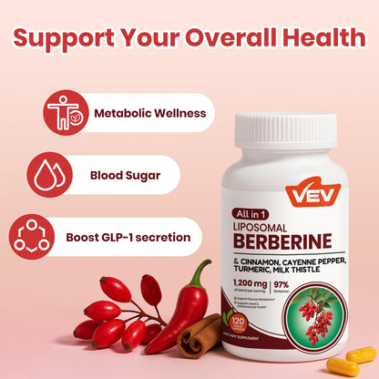 VEV Berberine Supplement with Ceylon Cinnamon, Cayenne Pepper, Turmeric, Milk Thistle, Vegan & Non-GMO – 120 Capsules