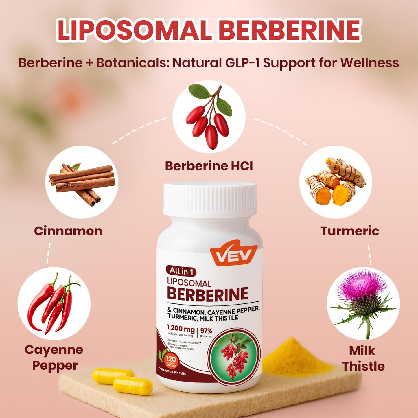 VEV Berberine Supplement with Ceylon Cinnamon, Cayenne Pepper, Turmeric, Milk Thistle, Vegan & Non-GMO – 120 Capsules