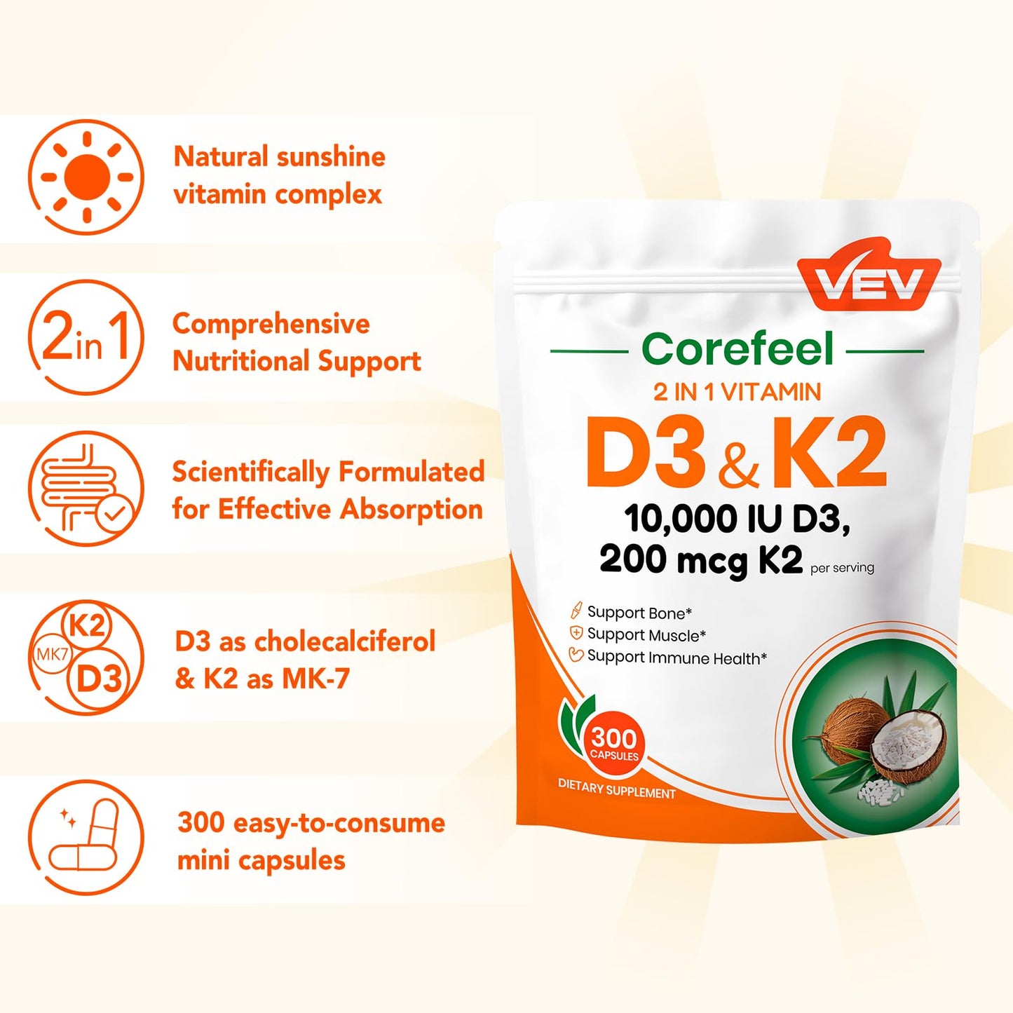 VEV Corefeel Vitamin D3 K2 - 10,000 IU D3, 200 mcg MK-7 - Supports Bone & Teeth Health - 300 Capsules