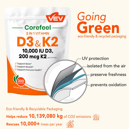 VEV Corefeel Vitamin D3 K2 - 10,000 IU D3, 200 mcg MK-7 - Supports Bone & Teeth Health - 300 Capsules