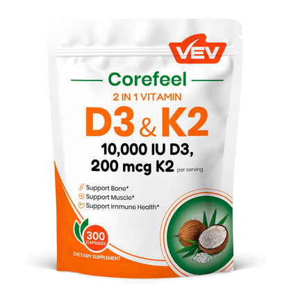 VEV Corefeel Vitamin D3 K2 - 10,000 IU D3, 200 mcg MK-7 - Supports Bone & Teeth Health - 300 Capsules