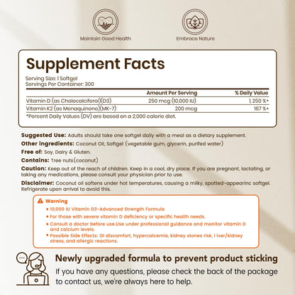 VEV Corefeel Vitamin D3 K2 10,000 IU MK-7 | 300 Softgels