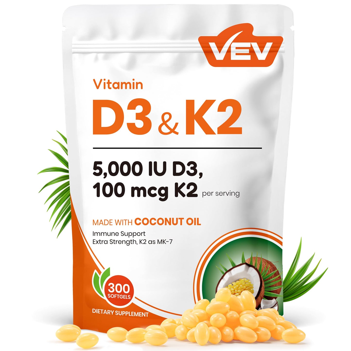 VEV Corefeel Vitamin D3 K2 (5000 IU / 100 mcg) – 300 Softgels | Coconut Oil