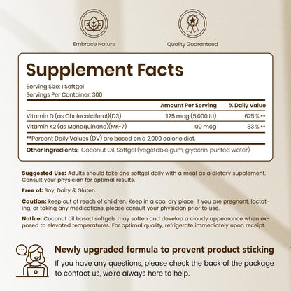 VEV Corefeel Vitamin D3 K2 (5000 IU / 100 mcg) – 300 Softgels | Coconut Oil