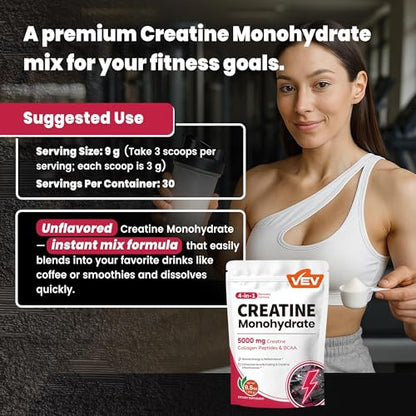 VEV Creatine Monohydrate for Women – Collagen & BCAAs, 9.5 oz, Sugar-Free