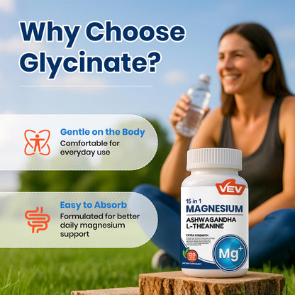 VEV DeepCalm 15 in 1 Magnesium Glycinate & Citrate Complex Capsules – Easy-to-Take Formula with Ashwagandha & L-Theanine – Magnesium Complex for Women – 120 Vegan Capsules