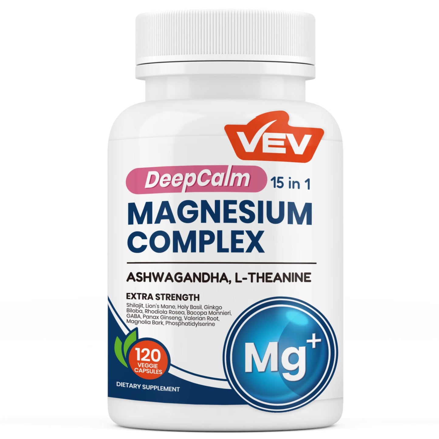 VEV DeepCalm 15 in 1 Magnesium Glycinate & Citrate Complex Capsules – Easy-to-Take Formula with Ashwagandha & L-Theanine – Magnesium Complex for Women – 120 Vegan Capsules